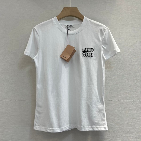 世界中で大人気♪ミュウミュウ ロゴ クリスタル キラキラ Tシャツ 半袖 偽物 myi35470